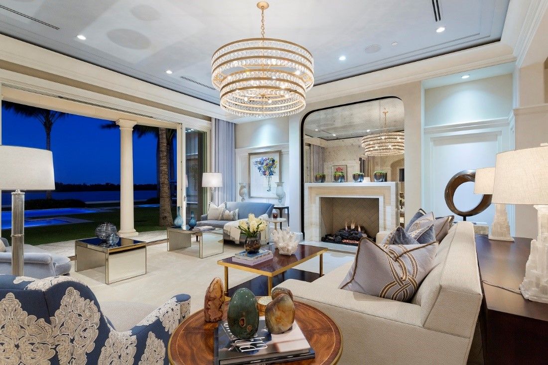Luxury Living Room With Chandelier And Ocean View